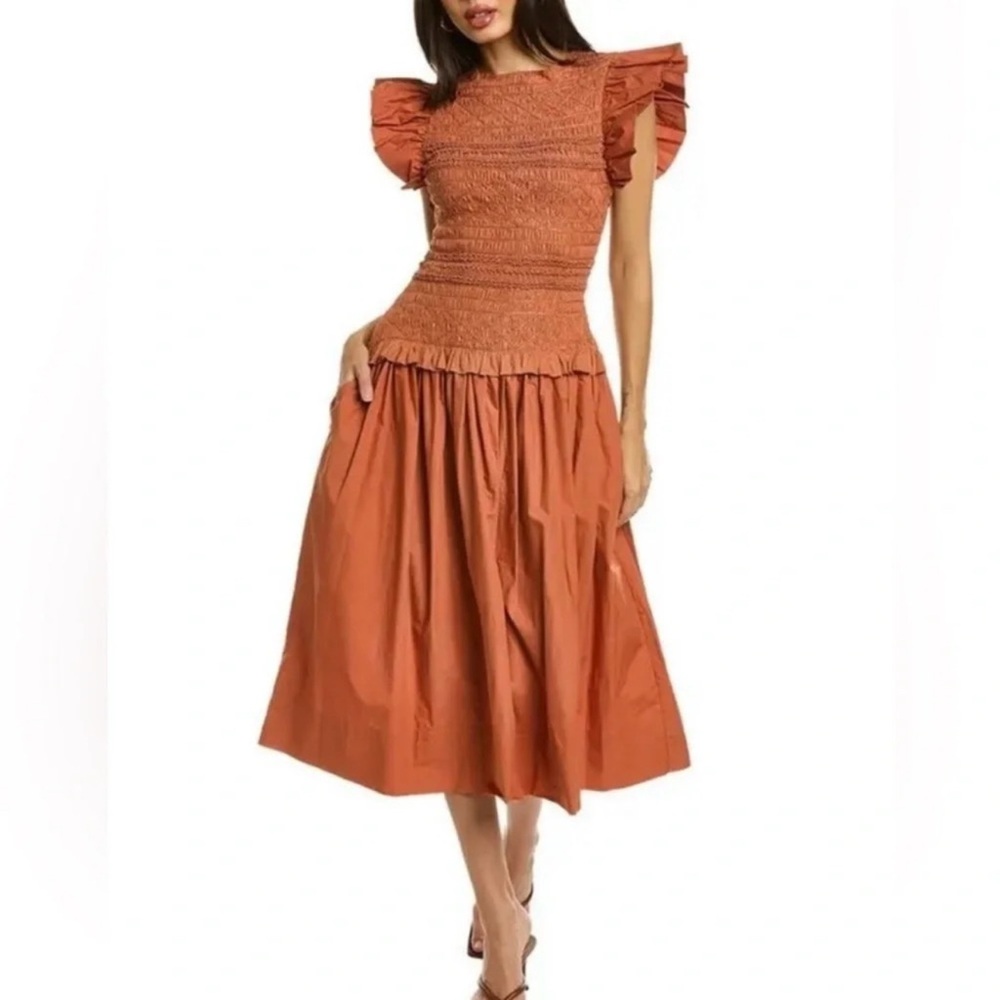 NWT Ulla Johnson Madeline Ruffled
Smocked Midi Dress in Clay Sz 2 $595